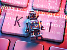 Symbolic image for artificial intelligence: computer keyboard, robot and numerical code