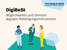 Illustration einer Menschengruppe mit Schriftzug " DigiBeSt - Möglichkeiten und Grenzen digitaler Beteiligungsinstrumente"
