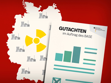 Grafische Darstellung der Landkarte Deutschlands mit Symbolen für Atomkraftwerke