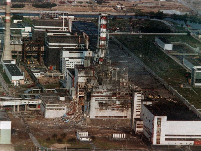 Aerial view of the destroyed reactor block four of the Chernobyl nuclear power plant
