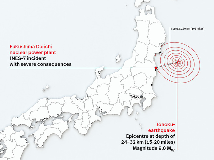 Graphic of a map of Japan and the epicenter of the seaquake.